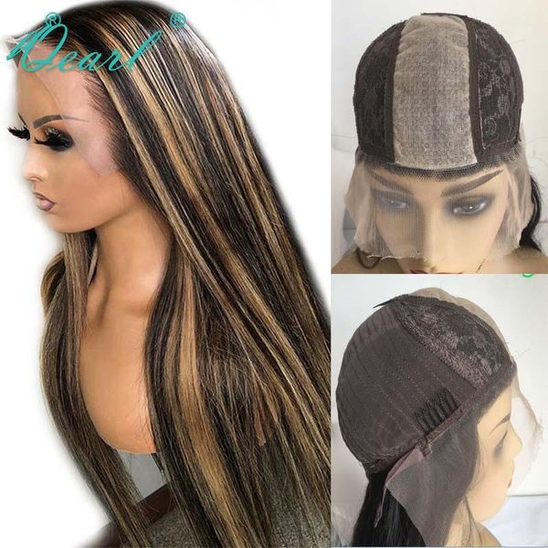 

ombre blonde highlights color straight human hair lace wigs 2x5 silk base wig brazilian remy for women 150% qearl1, Black;brown