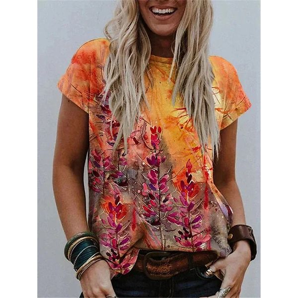 

plant printing women's fashion style 3d printing round neck casual streetwear summer basic short-sleeved t-shirt, White