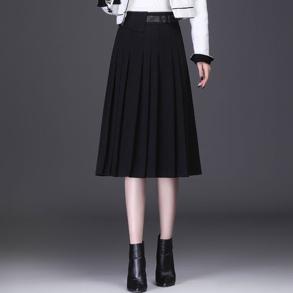 

wool pleated women's autumn and a-line medium length 2021 large high waist woolen winter skirt thick, Black