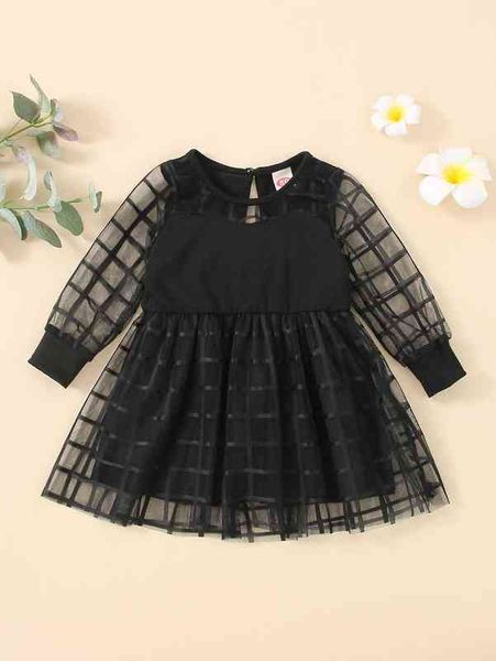 

baby bishop sleeve contrast plaid mesh dress she, Red;yellow