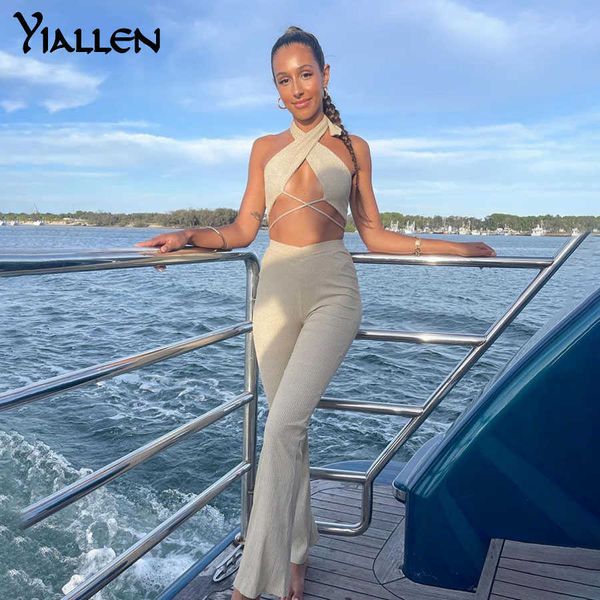 Yiallen Sexy Hollow Out Bandage Camisole брюки двух частей набор женщин 2021 летняя вечеринка Party Parts Beach Solid Rib вязаный костюм леди Y0625