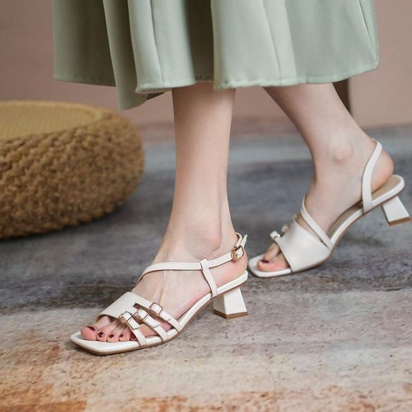 

sandals 2021 female summer women shoes ladies high heels square open toe mid-heel party for, Black