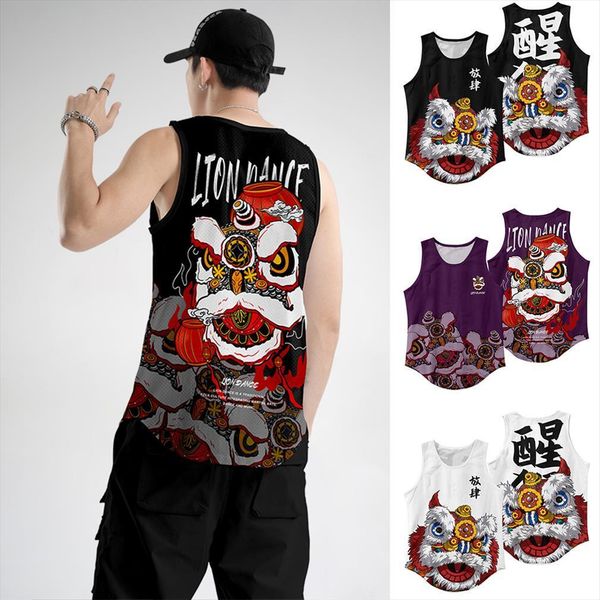

wawni chinese style vest lion men dance tank summer mens bodybuilding gym casual asian size vests, White;black