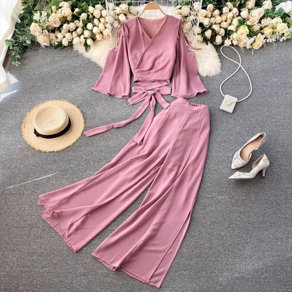 

spring suit lace up womens tracksuits bow flared sleeve short high waist wide leg pants chiffon two piece c036, Gray