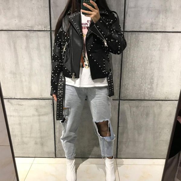

women's leather & faux genuine ladies real women jacket, Black