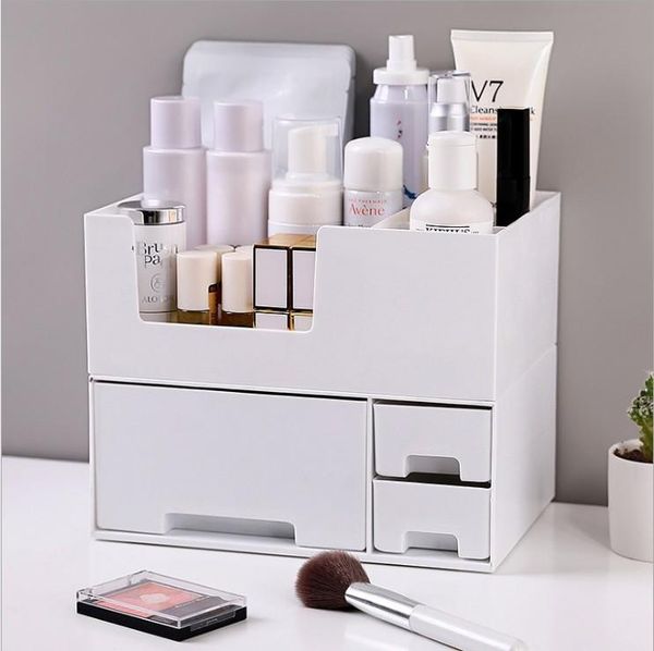 

bathroom storage & organization 2021 white gray plastic makeup organizer make up brush box with drawer cotton swabs stick case fast