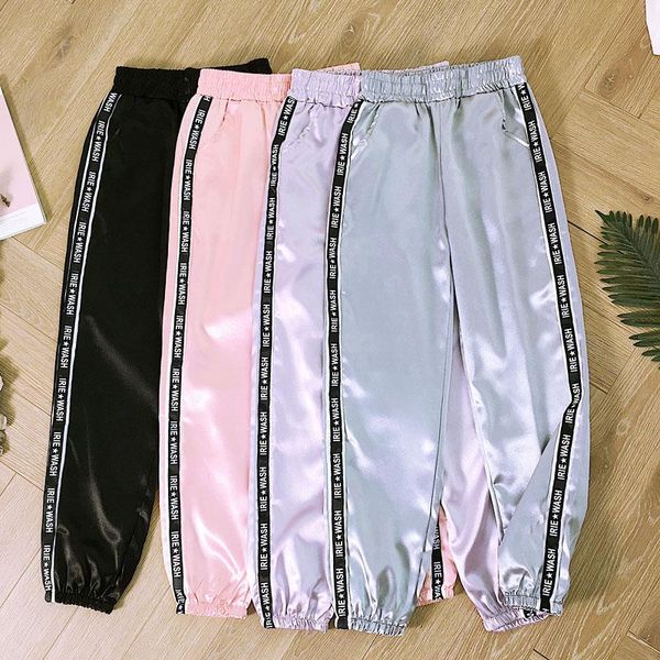 

women's pants & capris bf harajuku joggers sports big pocket satin highlight harem women glossy sport ribbon trousers, Black;white