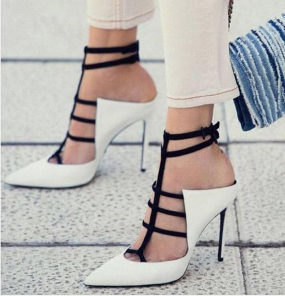 

dress shoes thin heels est lady cut-outs pointed toe ankle strap sandals woman mixed color slingback high, Black
