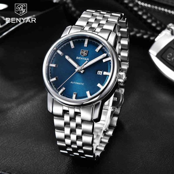 

benyar design 2021 new simple men's fashion mechanical clock waterproof rv nightlight automatic montre homme, Slivery;brown