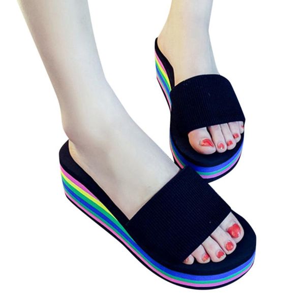 

slippers platform bath women shoes wedges beach slides female rainbow flip flops home casual zapatos 2021, Black