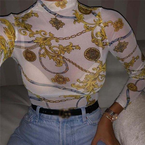 

mesh sheer see through print womens blouses outwear turtleneck long sleeve transparent slim bodycon club blouse, White