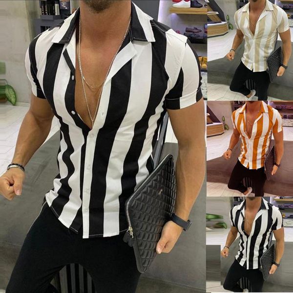 

men's casual shirts men holiday printed splicing colorful stripe summer short sleeve slim man fashion beach loose shirt ropa#20, White;black