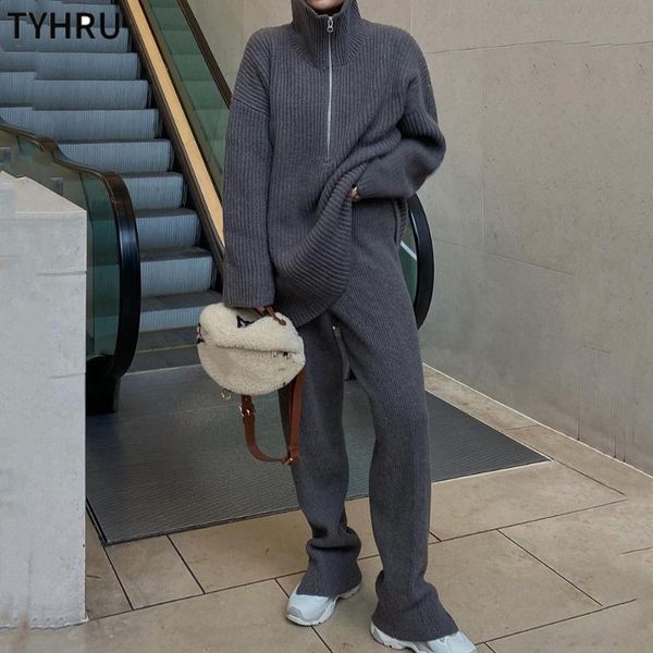 

women's two piece pants tyhru knitted tracksuit half chest zipper 2-piece set of loose-fitting sweater knit suits+trousers with split c, White