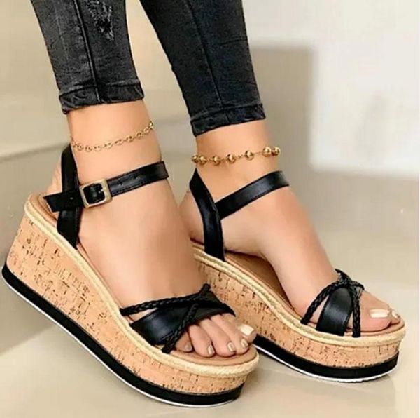 

wedges women summer leather plus size high heels sandals shoes woman vintage pu ethic sandalias mujer sapato feminino sa0516, Black