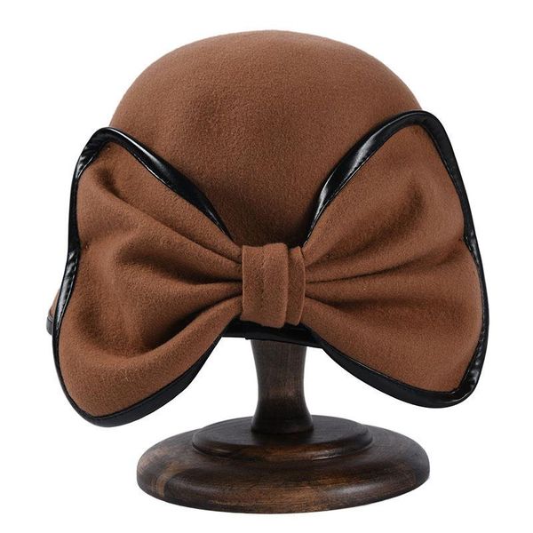 

stingy brim hats lady wool fedoras hat girls water decorative bow tie cap female woolen beret women winter elegant, Blue;gray