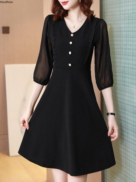 

casual dresses women fashion loose solid office lady a-line button v-neck plus size knee-length women's dress 20058, Black;gray
