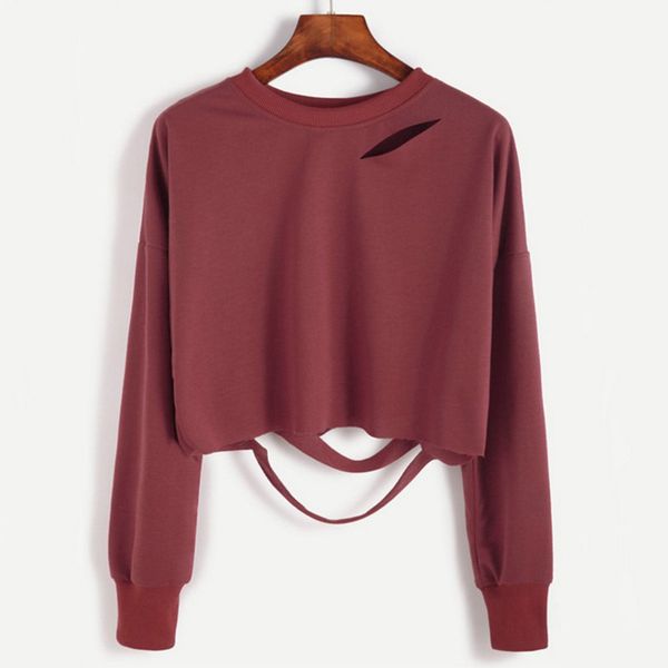 

spring tshirt arrivals soild color long sleeve o-neck short t shirt casual hole t-shirt for women fashion streetwear 210517, White