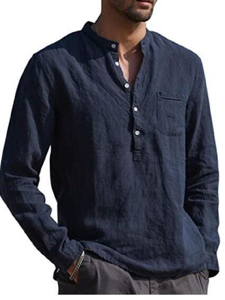 

men's casual shirts qiwn-camisas de manga larga para hombre, camisa lino y algodon color solido, cuello levantado, estilo informal play, White;black