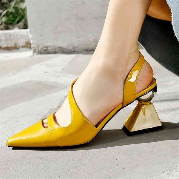 Корова лакированные кожаные женские насосы мода заостренный носок женщина высокие каблуки обувь эластичная полоса странный стиль женская вечеринка желтый 210610