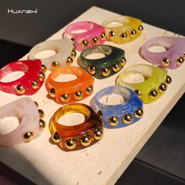 

cluster rings huanzhi 2021 golden beads colorful transparent acrylic resin square for women girls travel party jewelry gifts, Golden;silver