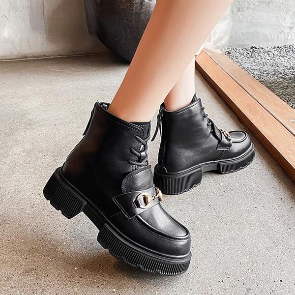 

boots motorcycle ankle snow wedges female lace up platforms autumn split leather oxford shoes botas mujer, Black