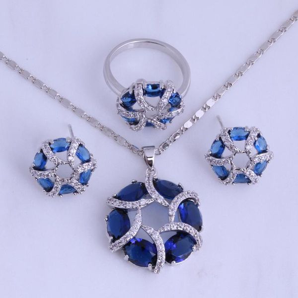 

earrings & necklace noble blue crystal cubic zirconia round jewelry sets for women ring size 6 / 7 8 9 bag h0290, Silver