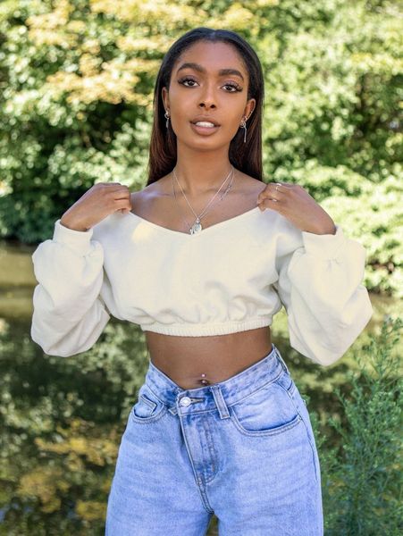 

v-neck drop shoulder crop pullover x8kb#, White;black