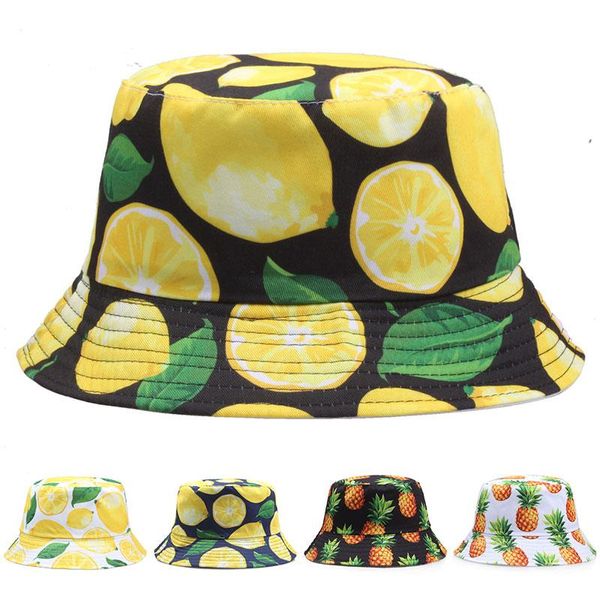 

wide brim hats 2021 two side reversible fruit lemon bucket hat for men women fisherman panama bob summer pineapple banana female, Blue;gray