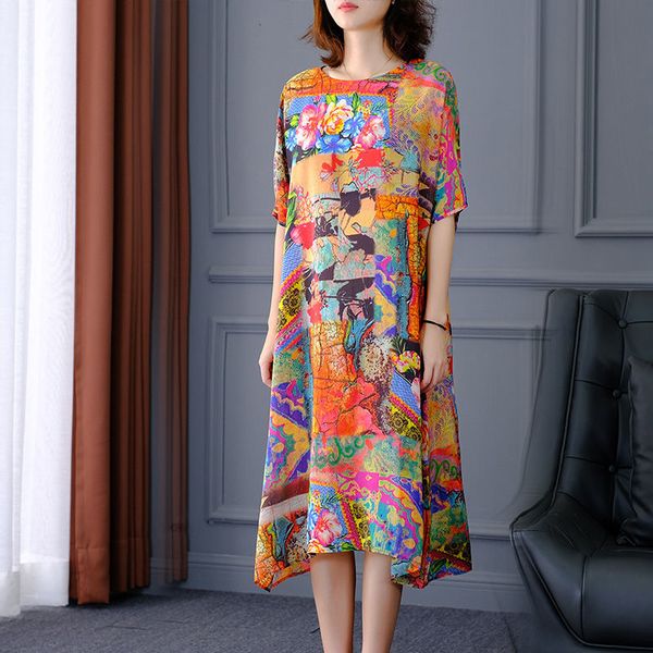 

casual dresses summer women chinese style floral print loose female a-line short sleeve mid plus size 4xl vestidos y183 4hml, Black;gray