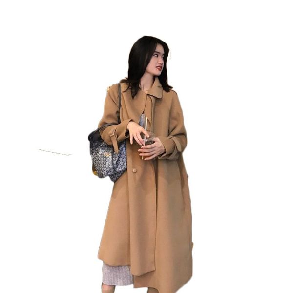 

women's wool & blends coat women 2021 winter double-sided cashmere belt mid-length solid color retro commuting long-sleeved jacke t134, Black