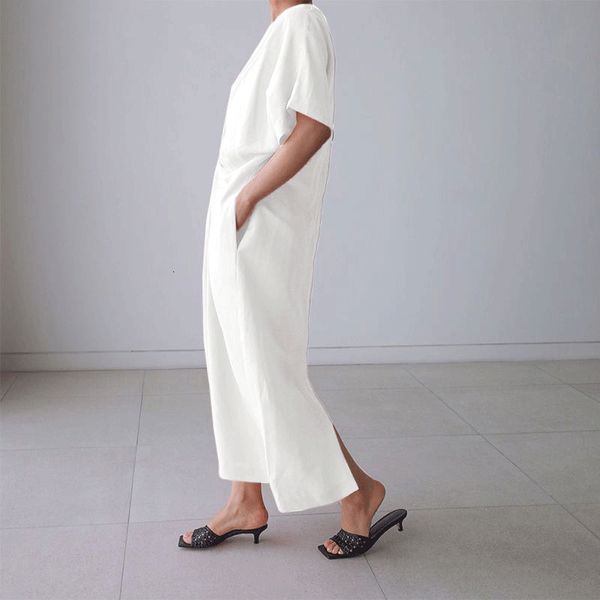 

casual dresses women solid cotton linen summer o neck short sleeve loose party spring vintage twist pleated long xhvy, Black;gray