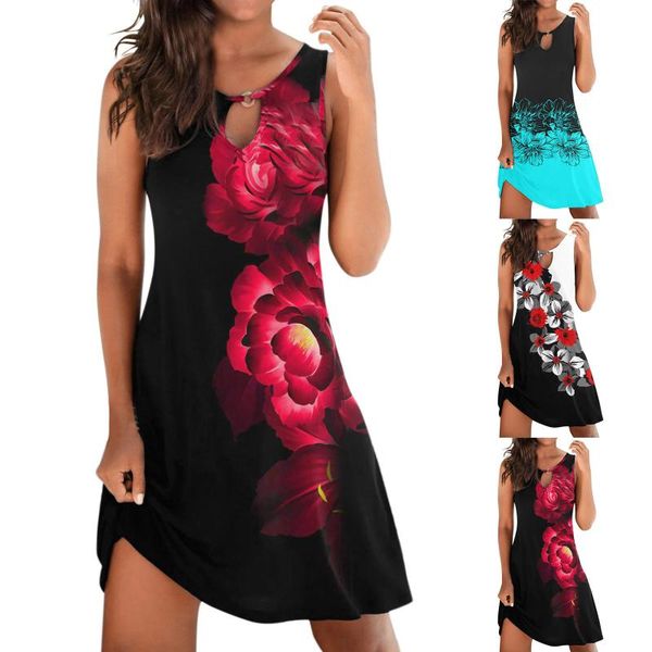 

casual dresses women floral printing dress beach mini pocket sleeveless o neck loose summer 2021 wrap sundress robe, Black;gray