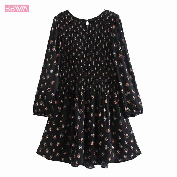 

women vintage fashion round neck long sleeve dress black elastic bust floral puff sleeves chic female mini dresses mujer 210507, Black;gray