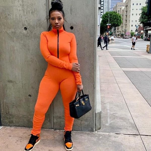 

streetwear casual rompers womens jumpsuit bodycon long sleeve bodysuit zipper stacked one piece jumpsuits overalls for women women's &, Black;white