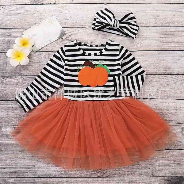 

autumn girls stripe halloween pumpkin print stripe dress cotton mesh, Red;yellow