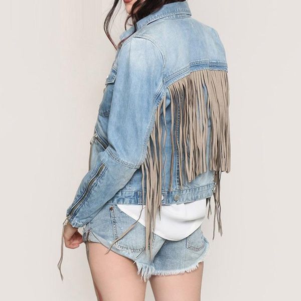 

women's jackets punk style 2021 spring autumn chic back tassel zipper light blue denim jacket women fashion slim short bomber streetwea, Black;brown