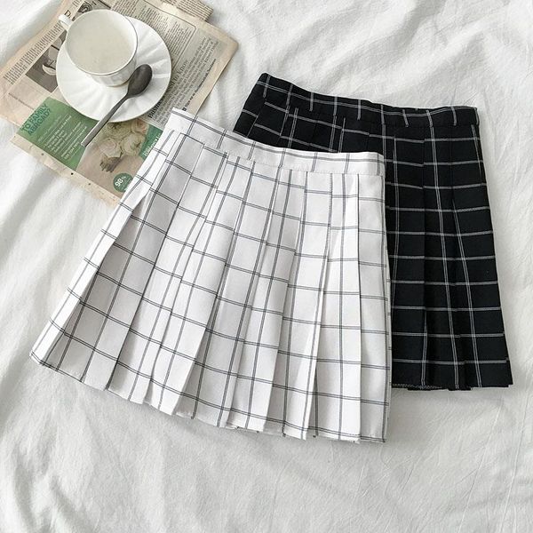 

skirts women plaid pleated skirt summer 2021 women's a-line office lady above knee mini, Black