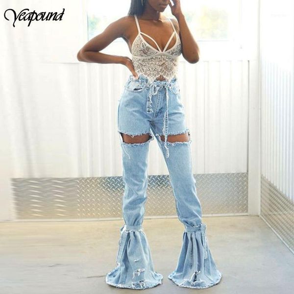 

women's jeans hole high waist flare with pockets streetwear ladies drawstring trousers bell bottoms skinny denim jean pants, Blue