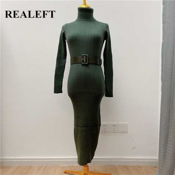 

realeft winter knitted dress with belt pink high waist basic long sleeve sheath bodycon midi sweater female 211220, Black;gray