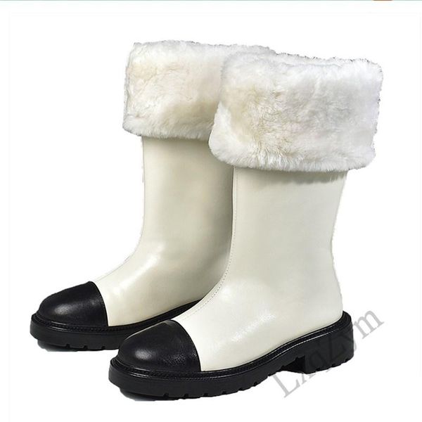 

boots handmade brand winter zapatos de mujer calfskin leather knee high wool fur snow woman round toes square sole footwear, Black