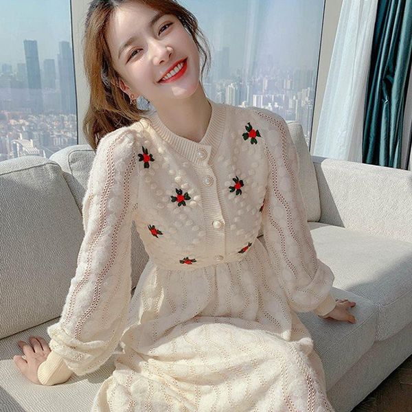 

casual dresses 2021 autumn winter elegant knitting for women female korea style slim embroidery long sleeve party dress, Black;gray