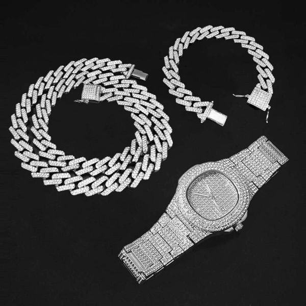 

earrings & necklace 3pcs/set watch bracelet bling iced out miami zircon cuban link chain rhinestone jewelry set for mens women choker gifts, Silver