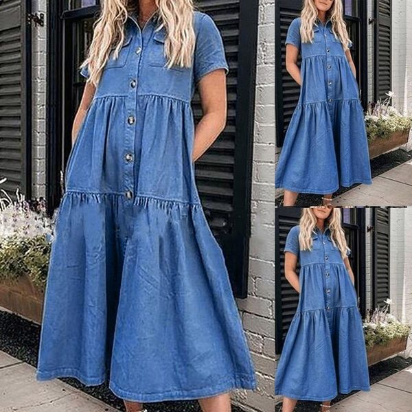 

casual dresses women's dress fashion denim buttoned short sleeve shirt lapel collar for women 2021 robes, Black;gray