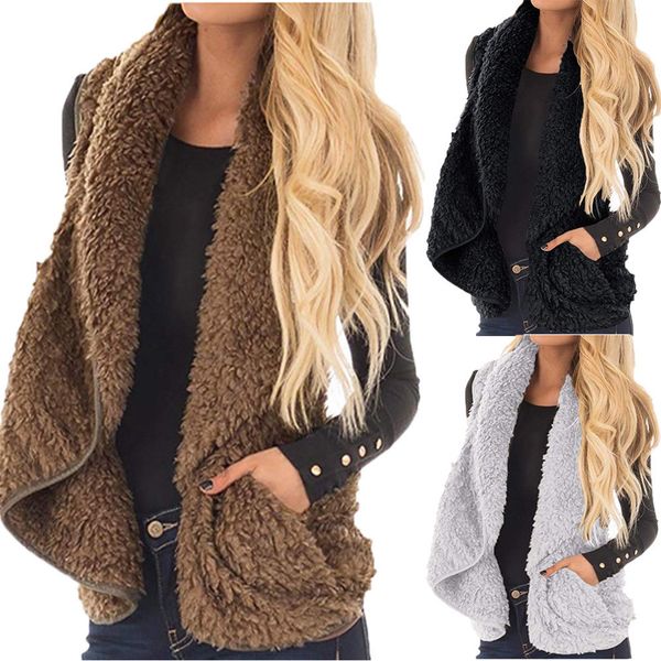 

new winter women faux fur warm vest tunic street style shawl collar draped sleeveless cardigan outwear plus size s-2xl, Black;brown