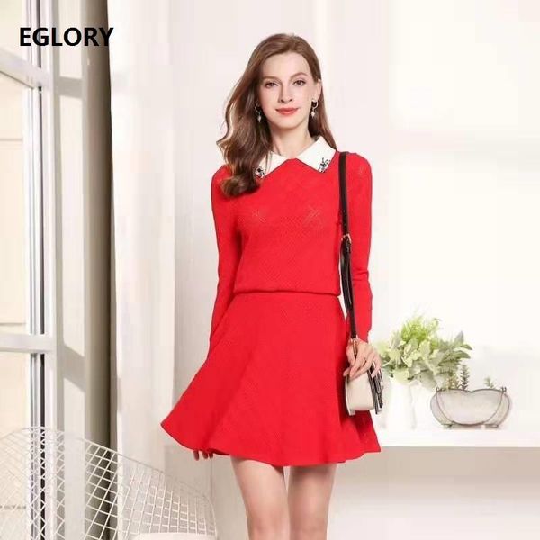 

casual dresses one piece dress 2021 autumn winter sweater women beading white turn-down collar long sleeve black red knitted, Black;gray