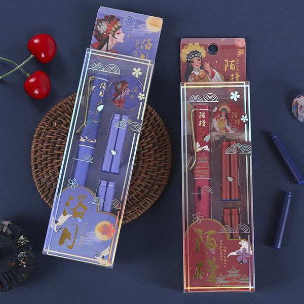 

fountain pens 5pcs/set retro chinese style pen blue ink gift box set writing drawing supplies 1pc cover + 4pcs sac