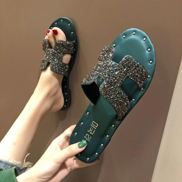 

slippers 2021 summer style slipper women's fashion outer wear flat heel sandals, Black