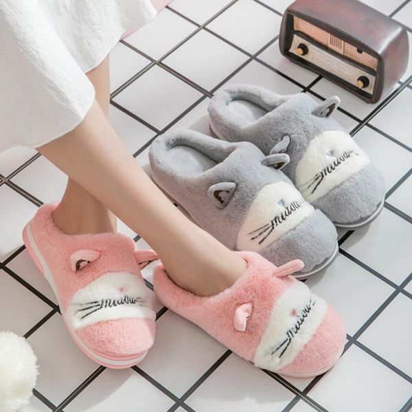 

slippers women's cute cat shape flip flops flats mens couples cartoon warm non-slip floor home indoor shoes, Black