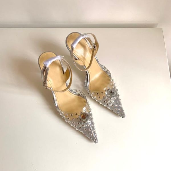 

sandals 2021 summer women transparent pvc shoes crystal decor pointed toe for 10cm thin high heels silver, Black