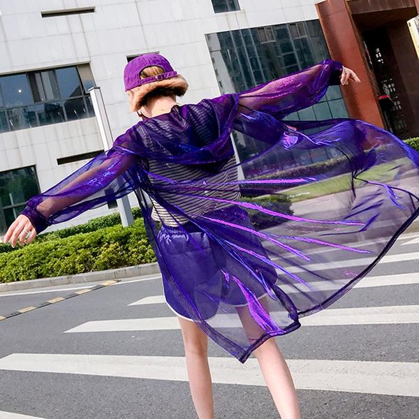 

women's jackets shimmer summer jacket long hooded sunscreen coat loosen perspective womens clothing sleeve, Black;brown